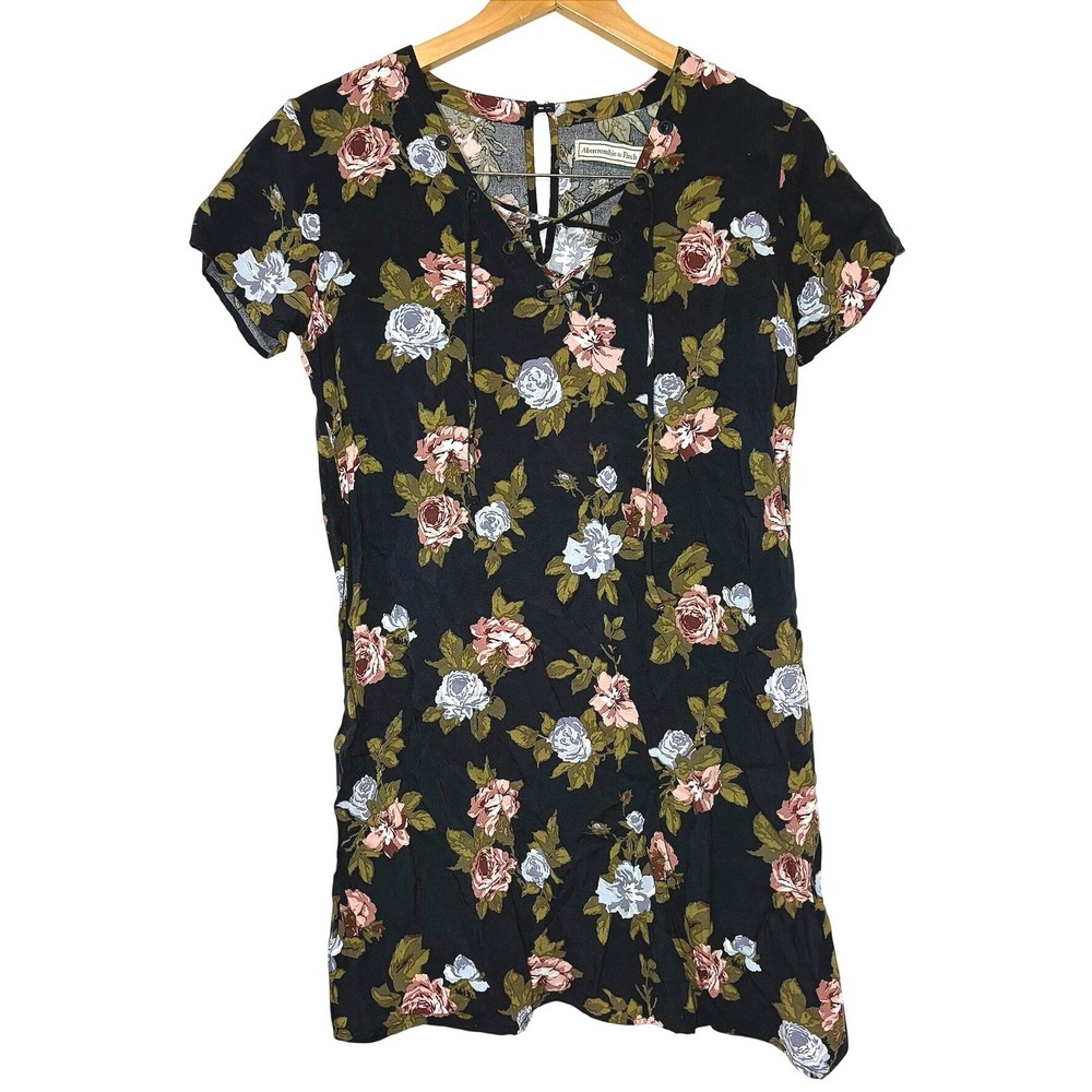 Abercrombie & Fitch‎ Y2K Floral Lace Up Mini Dress Black Rose Print XS Vintage